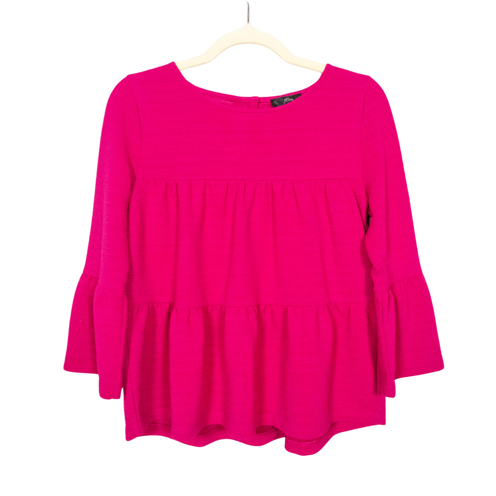J CREW Button-Back Tiered Bell-Sleeve Knit Top in Bright Berry Women's XS